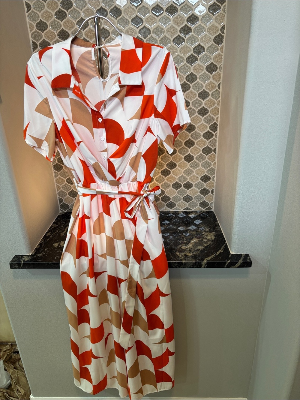 Abstract-Print Jumpsuit in Red, Cream & Tan